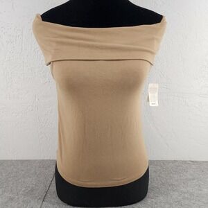 NWT Aerie Tan Off the Shoulder Foldover Neckline Ribbed Knit Top Women Medium